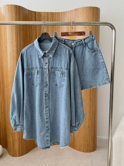 *Denim Shirt Dress & Wrap Skirt Set