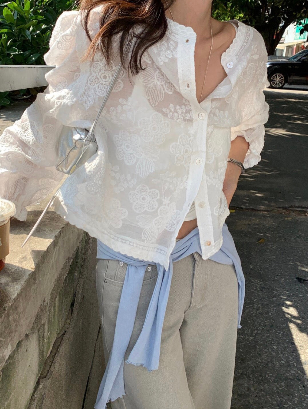 * Floral Lace Cotton Blouse Cardigan