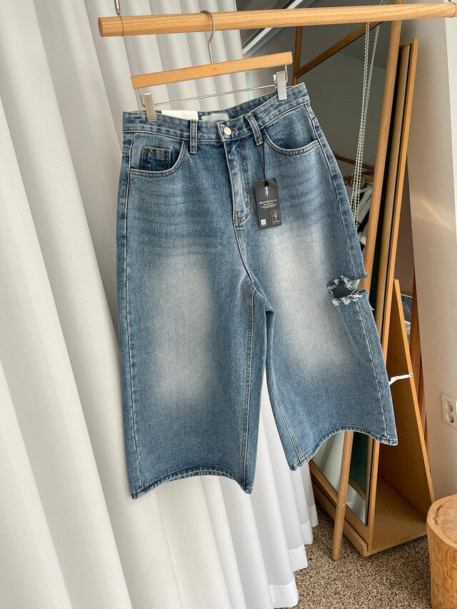 * Damaged Denim Bermuda Shorts
