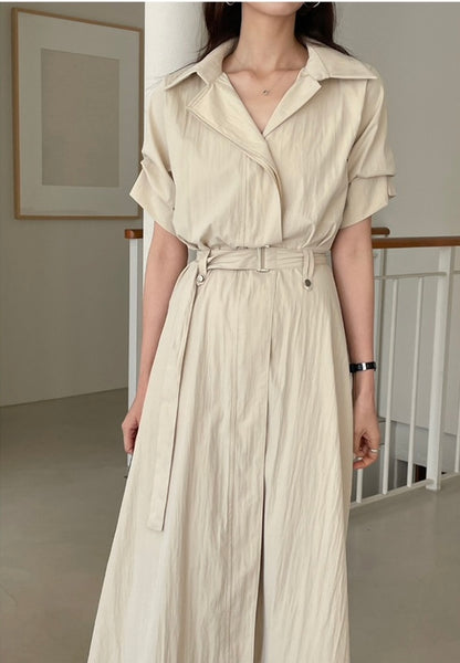 * Open Collar Belt Shirt Dress