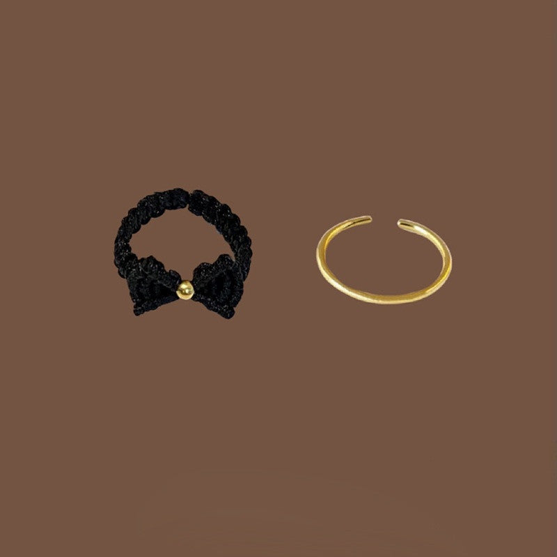 Black Ribbon and Gold Ring Set