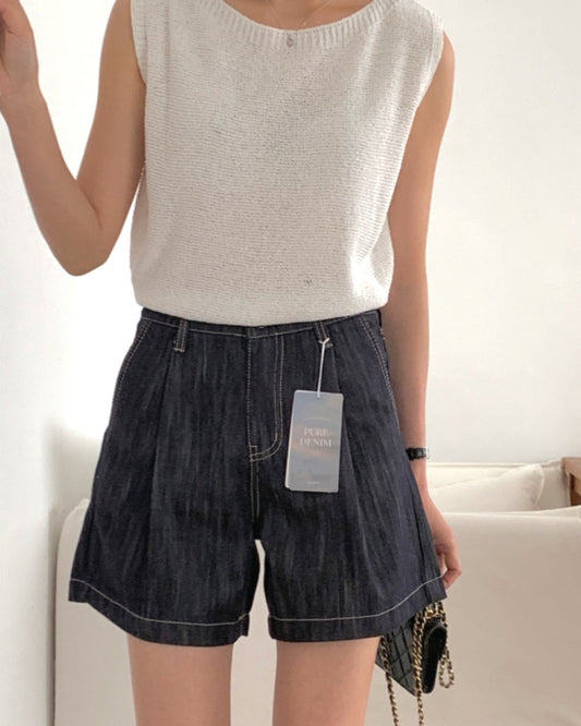 Pintuck Black Denim Shorts